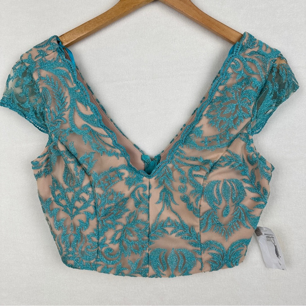 Jodi Kristopher Evening Embroidered Cropped Blouse Size 5 Formal Teal & Tan NWT